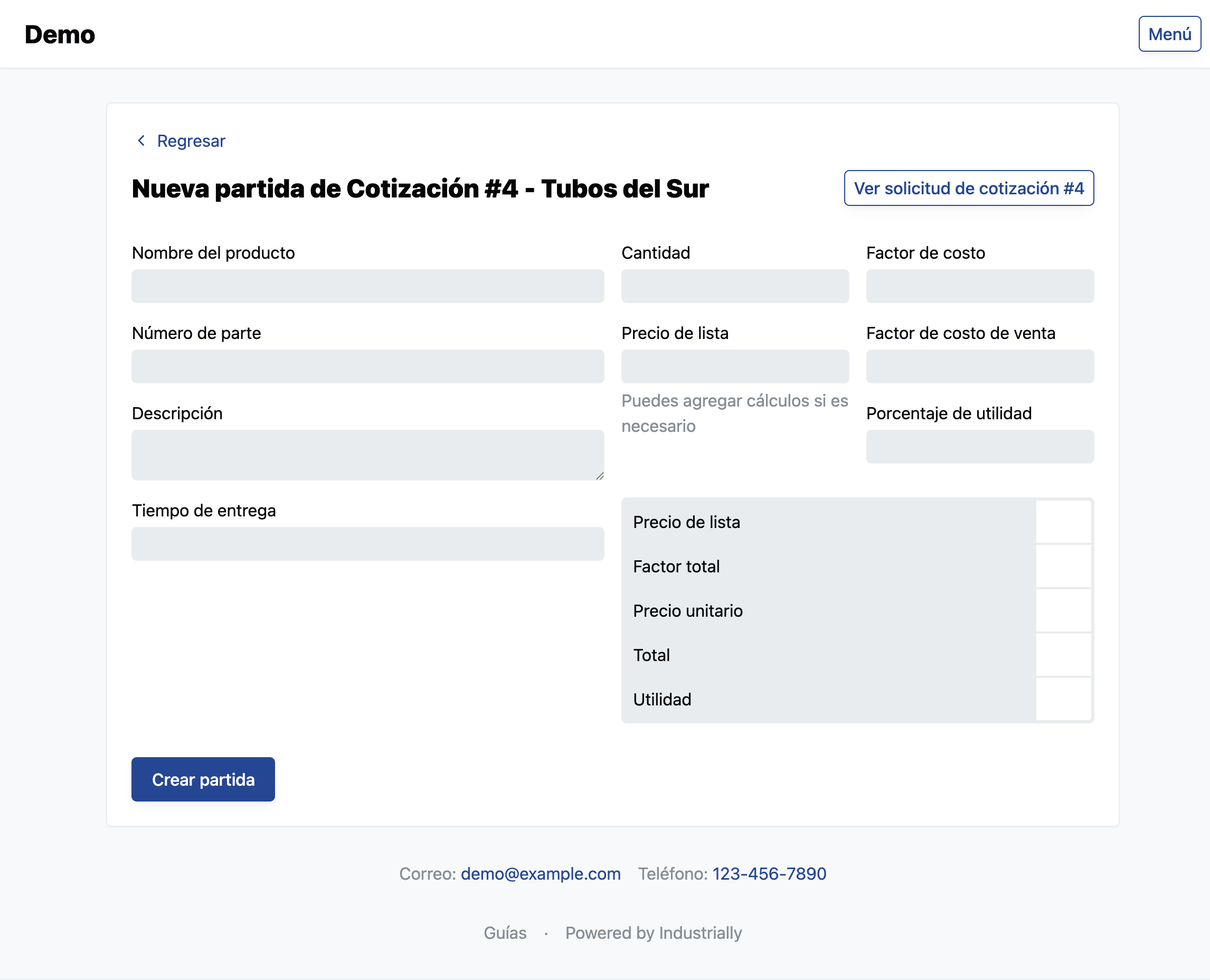 Formulario de nueva partida